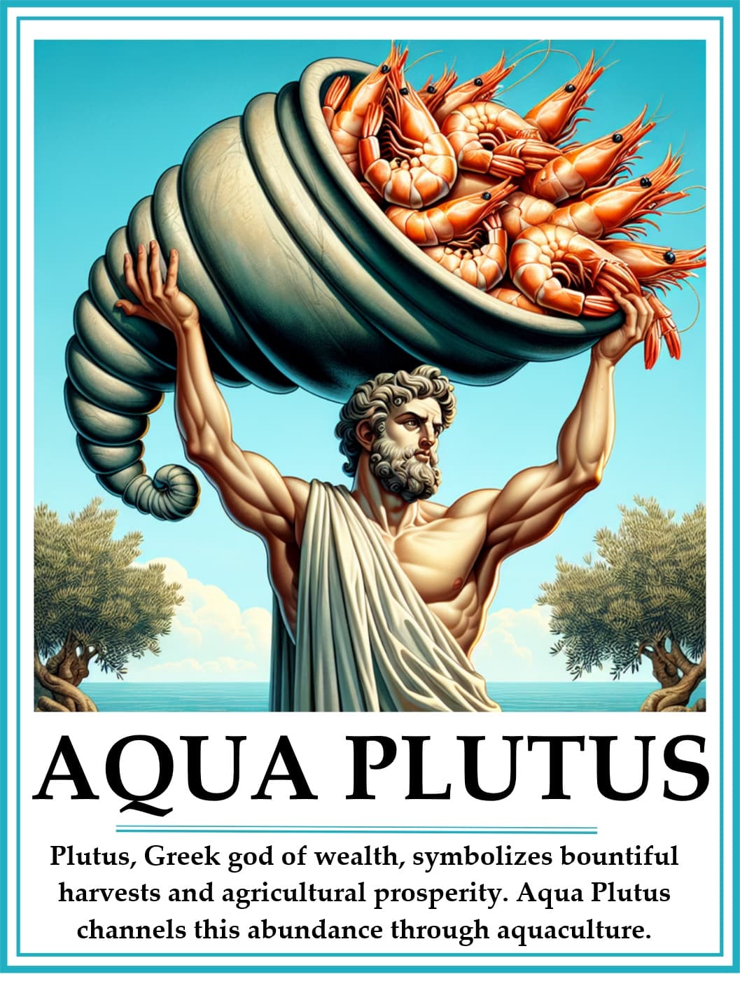 AquaPlutus emblem: Plutus, the Greek god of wealth, raises a cornucopia overflowing with shrimp against an Aegean sea and sky, flanked by olive trees. Caption reads: Plutus, Greek god of wealth, symbolizes bountiful harvests and agricultural prosperity. Aqua Plutus channels this abundance through aquaculture.